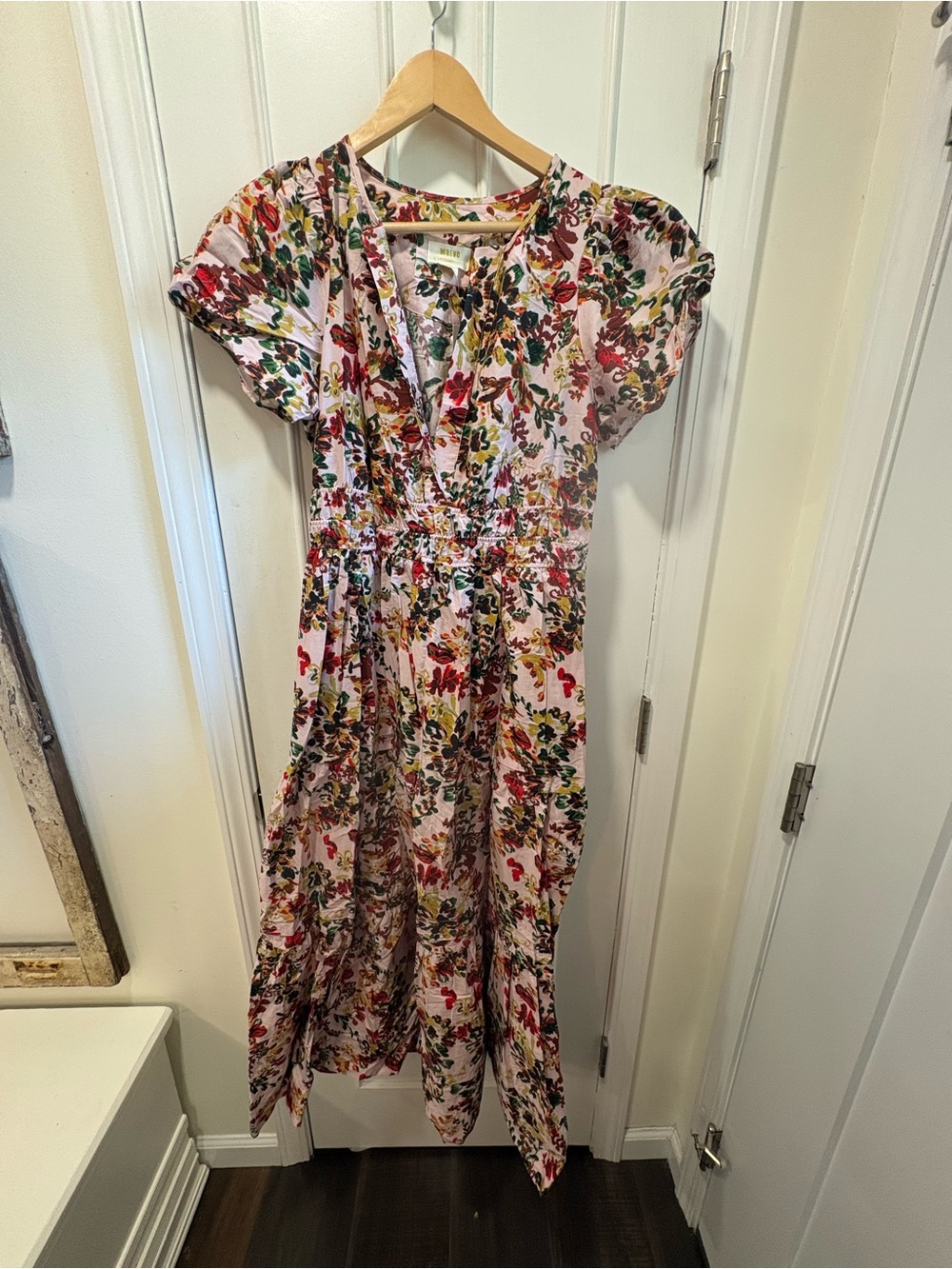 Maeve Pink Floral Maxi Dress with Green & Red Accents